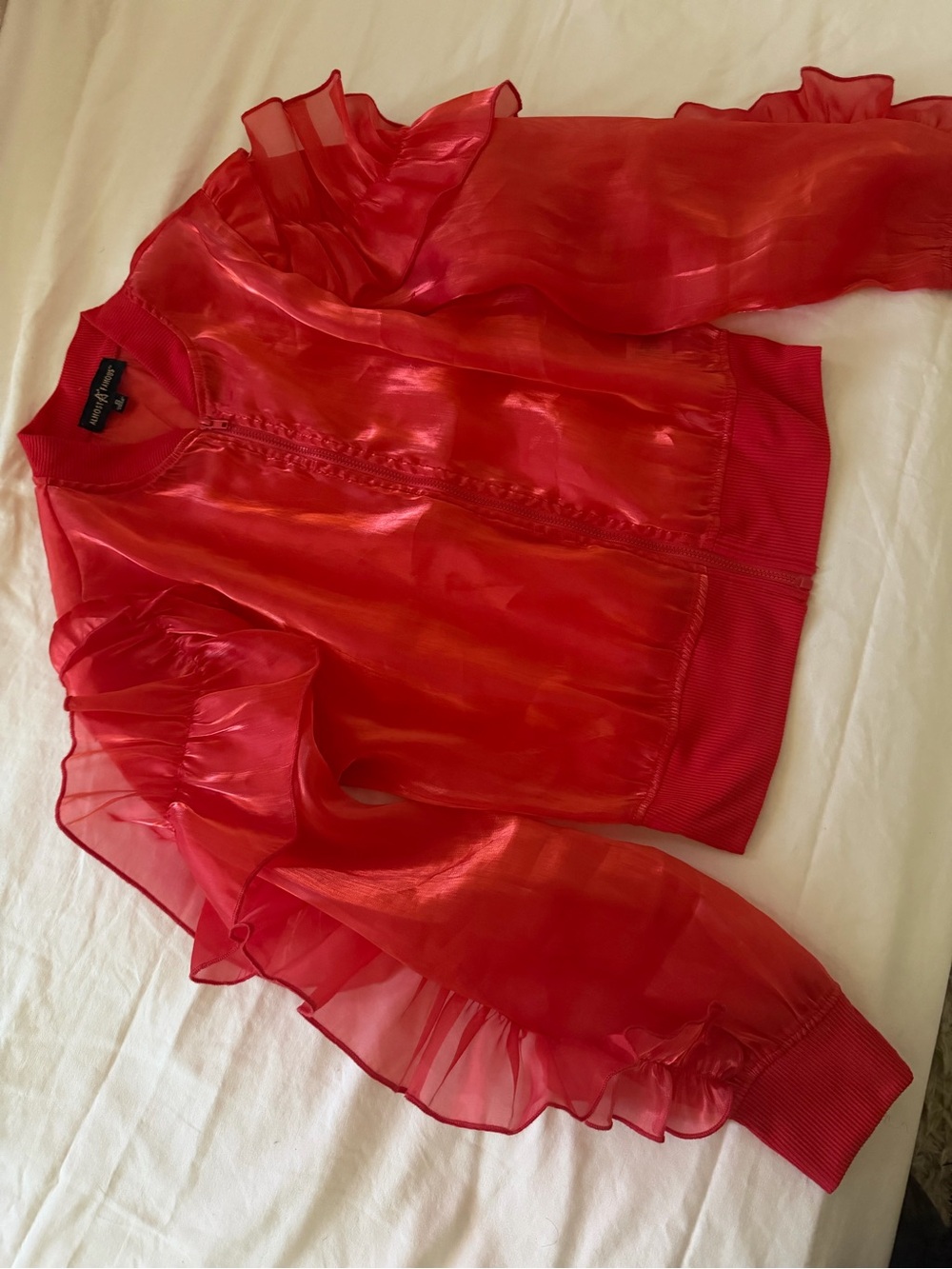 Sheer Ruffle Bomber Jacket - Red - Picture 4 of 12